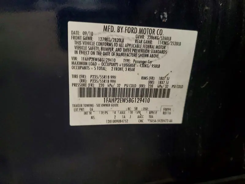 2011 FORD TAURUS SEL  