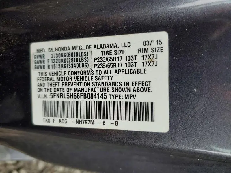 2015 HONDA ODYSSEY EXL  