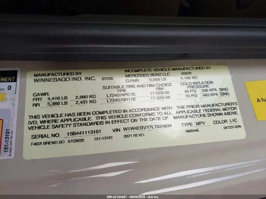 2021 MERCEDES-BENZ SPRINTER 2500 STANDARD ROOF V6