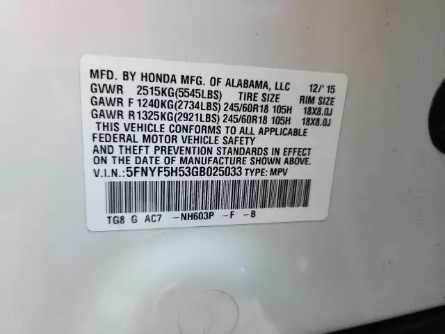 2016 HONDA PILOT EXL  