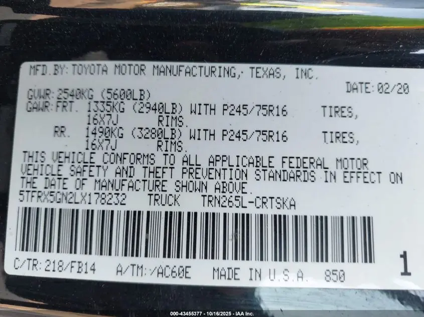 2020 TOYOTA TACOMA SR