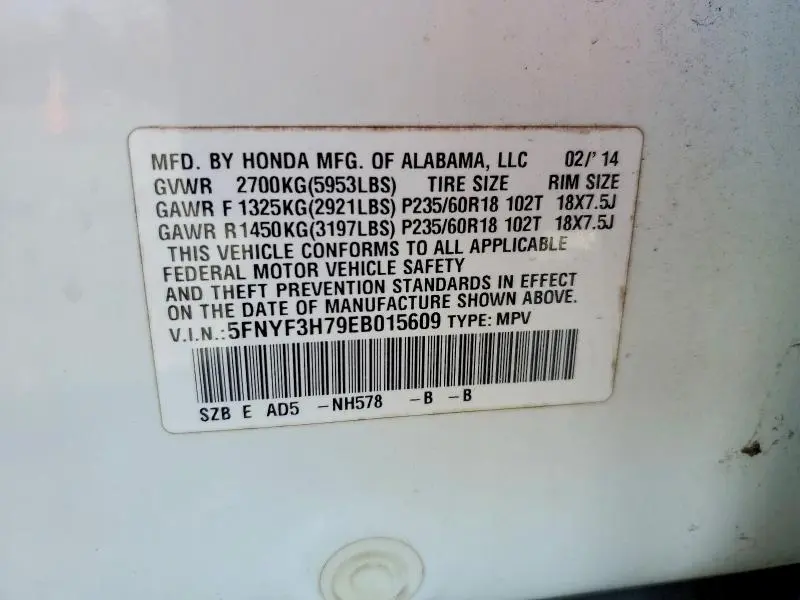 2014 HONDA PILOT EXLN  