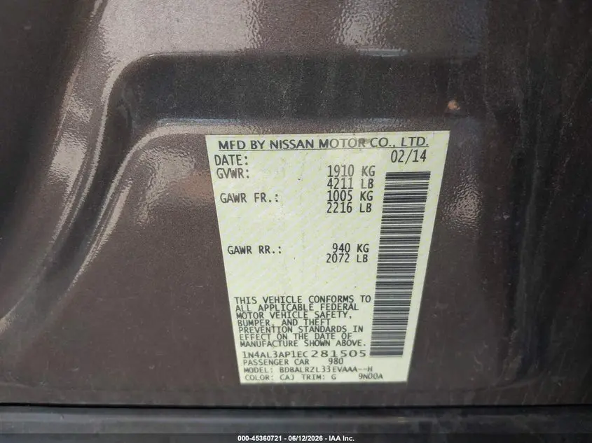 2014 NISSAN ALTIMA 2.5 S