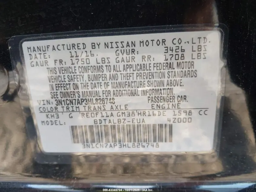 2017 NISSAN VERSA 1.6 SV