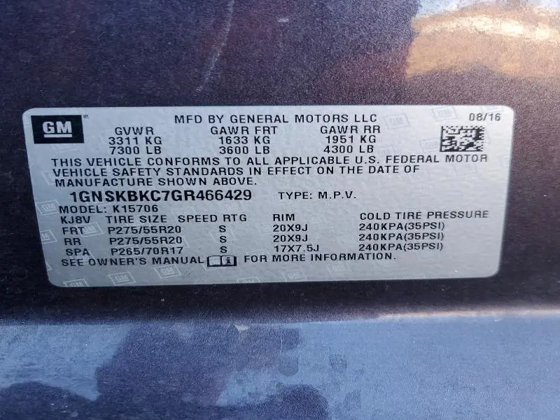 2016 CHEVROLET TAHOE K1500 LT  