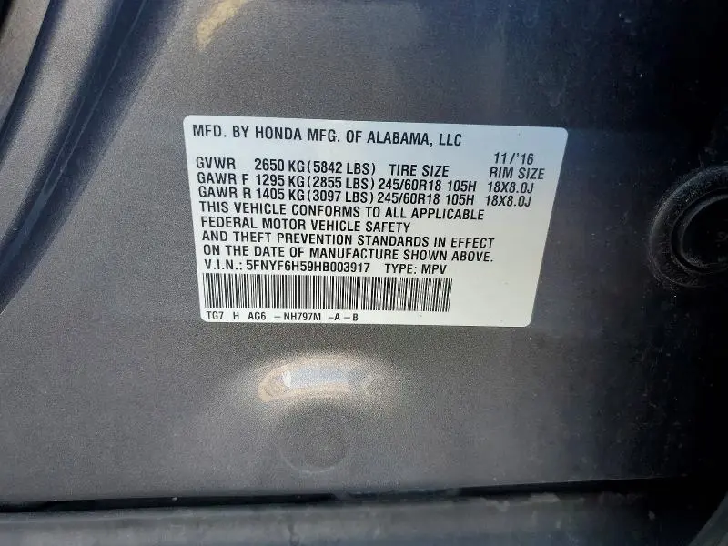2017 HONDA PILOT EXL  