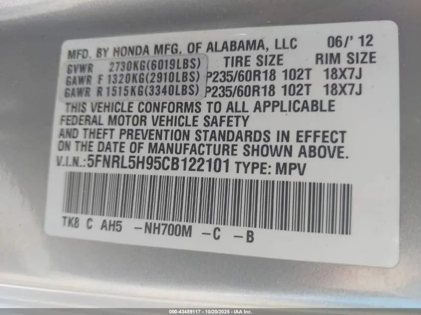 2012 HONDA ODYSSEY TOURING/TOURING ELITE