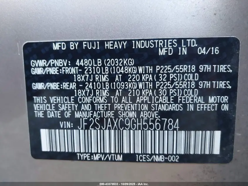 2016 SUBARU FORESTER 2.5I TOURING