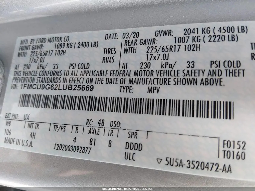 2020 FORD ESCAPE SE