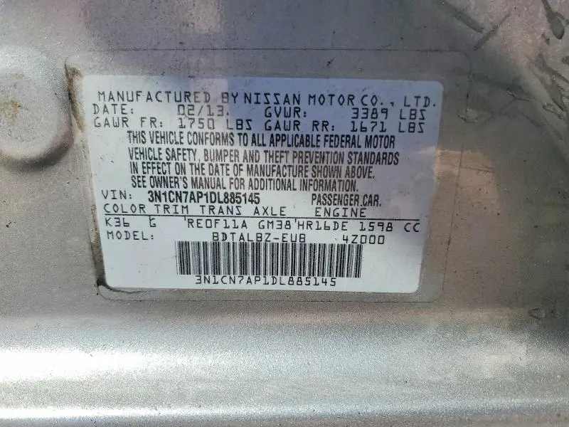2013 NISSAN VERSA 1.6 S  