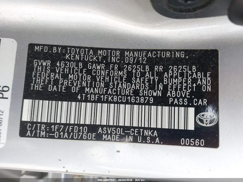 2012 TOYOTA CAMRY LE