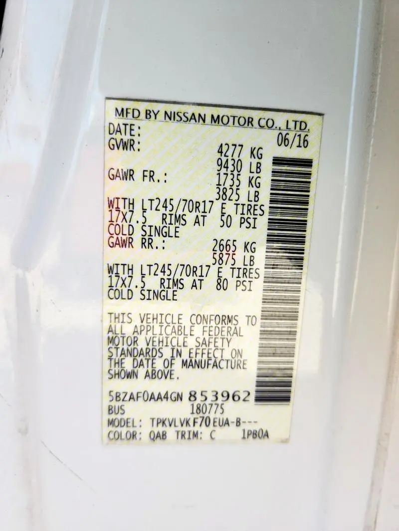 2016 NISSAN NV 3500 S