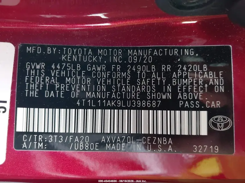 2020 TOYOTA CAMRY LE
