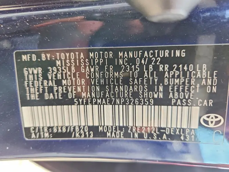 2022 TOYOTA COROLLA LE  