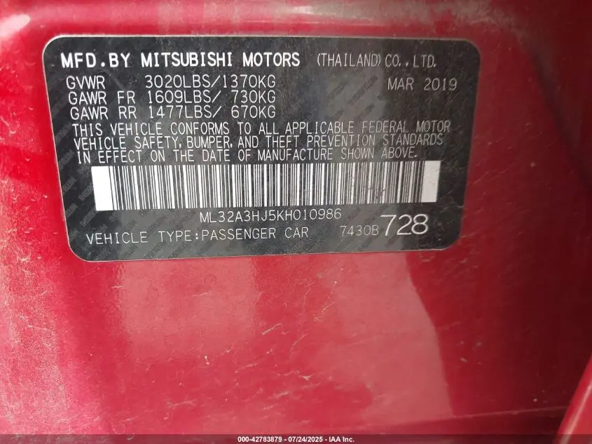 2019 MITSUBISHI MIRAGE ES