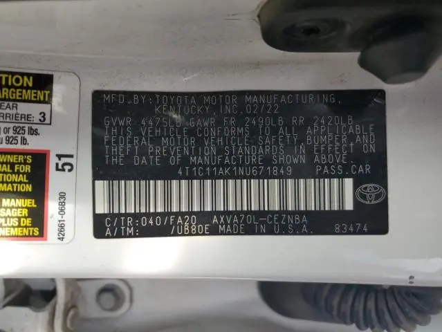 2022 TOYOTA CAMRY LE  