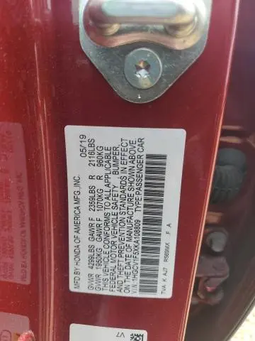 2019 HONDA ACCORD EXL  