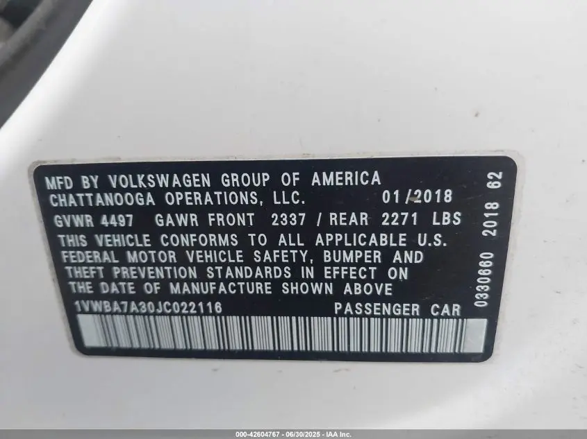 2018 VOLKSWAGEN PASSAT 2.0T SE