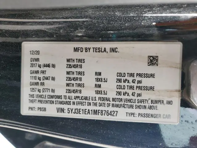 2021 TESLA MODEL 3 