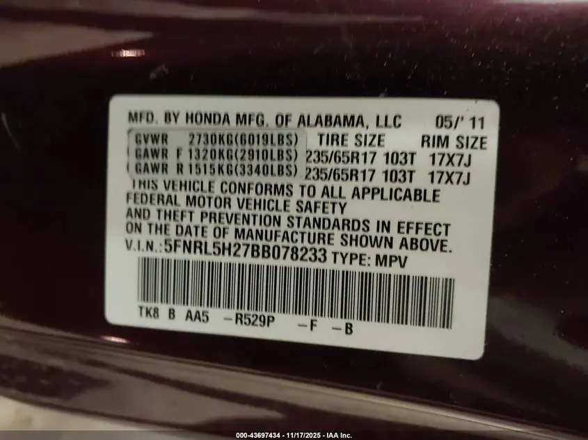 2011 HONDA ODYSSEY LX