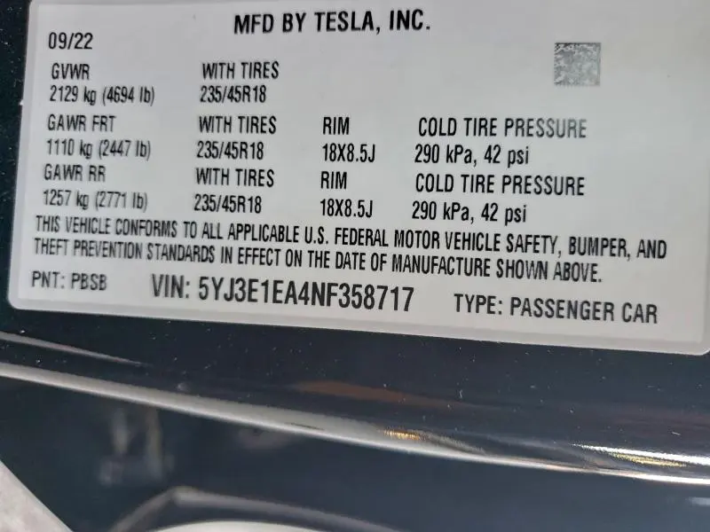 2022 TESLA MODEL 3   