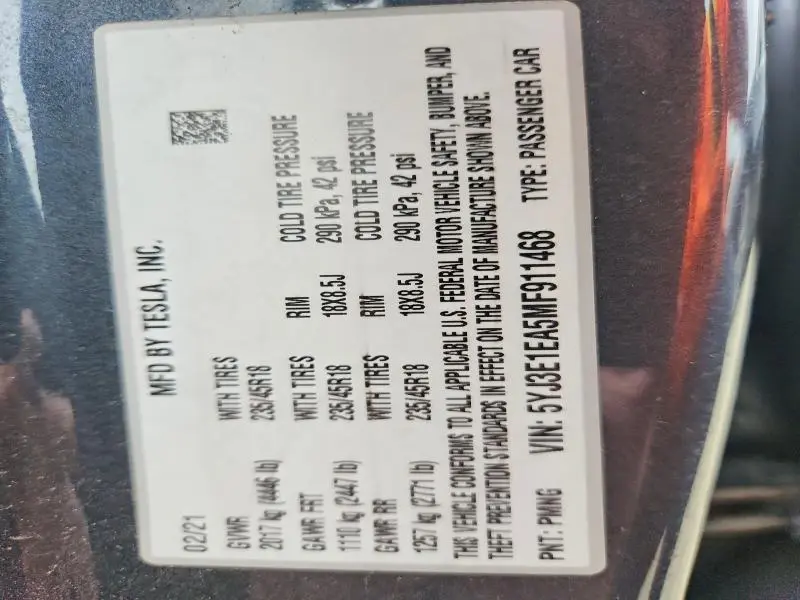 2021 TESLA MODEL 3   