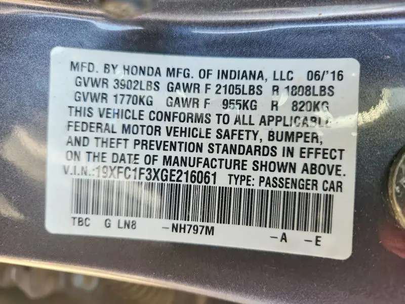 2016 HONDA CIVIC EX  