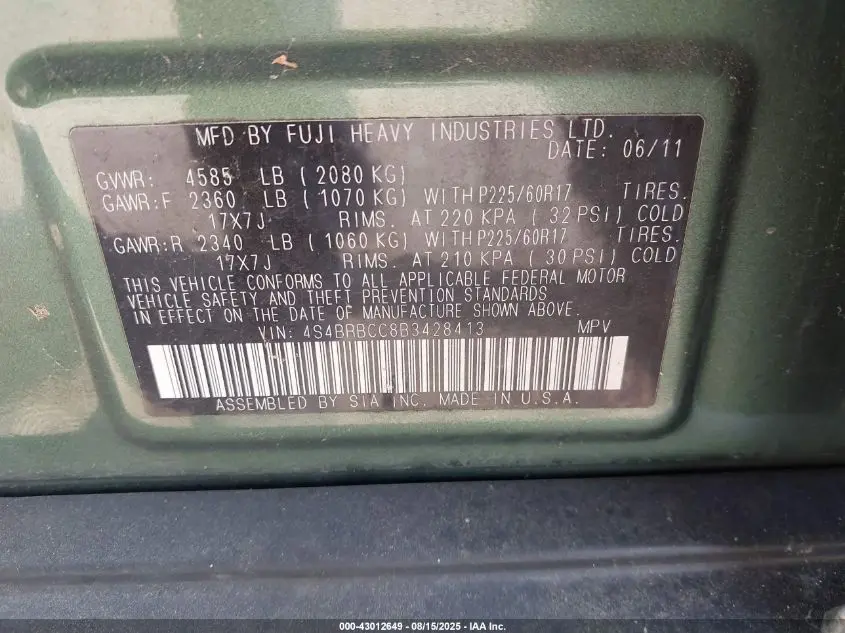 2011 SUBARU OUTBACK 2.5I PREMIUM