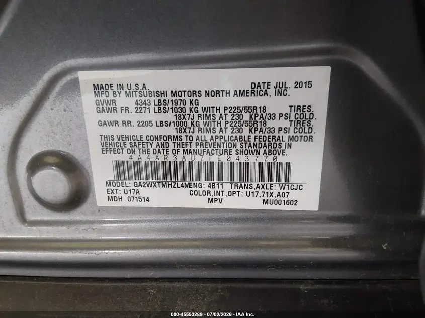 2015 MITSUBISHI OUTLANDER SPORT ES