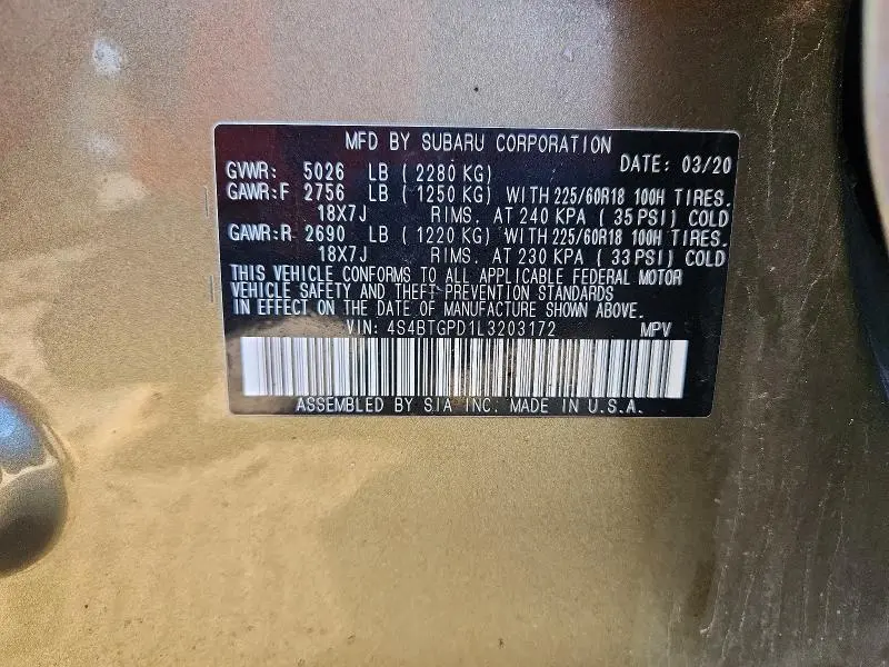 2020 SUBARU OUTBACK TOURING LDL  