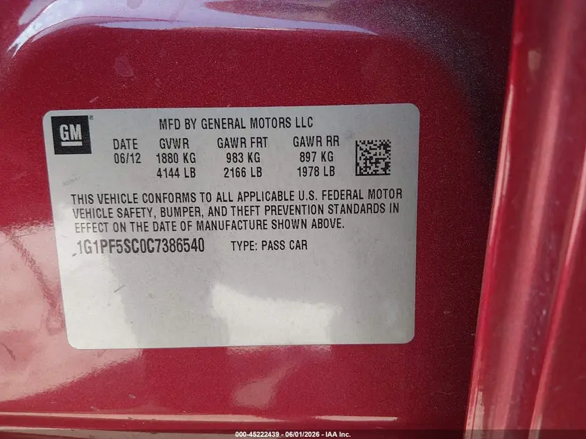 2012 CHEVROLET CRUZE 1LT
