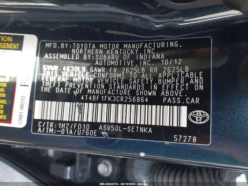 2012 TOYOTA CAMRY LE
