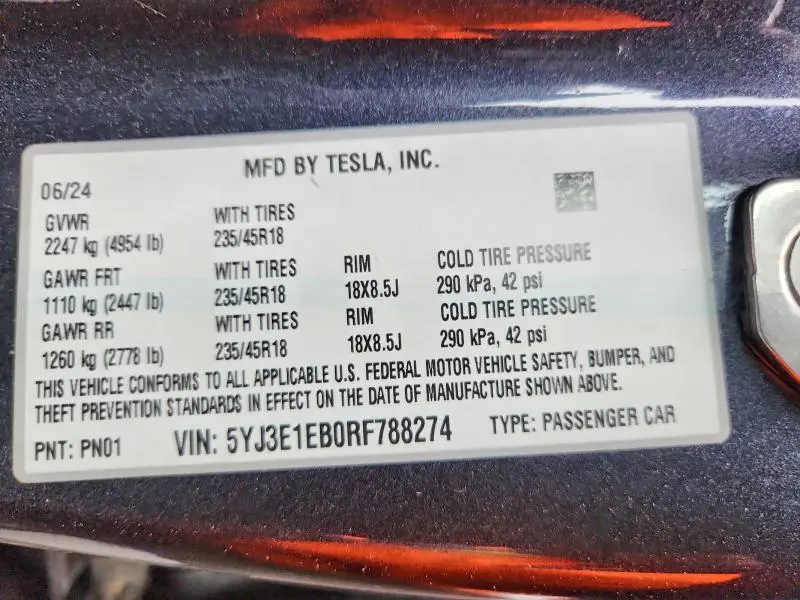2024 TESLA MODEL 3   