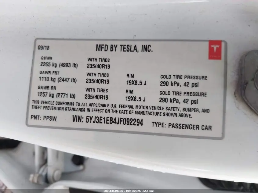2018 TESLA MODEL 3 LONG RANGE/PERFORMANCE