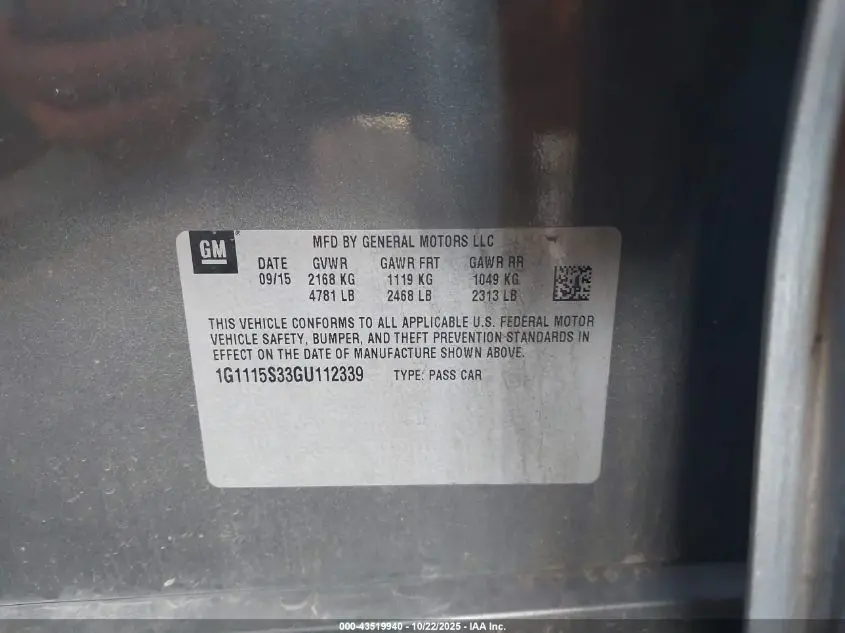 2016 CHEVROLET IMPALA 2LT