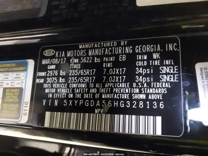 2017 KIA SORENTO 3.3L LX