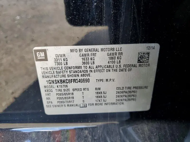 2015 CHEVROLET TAHOE K1500 LT  