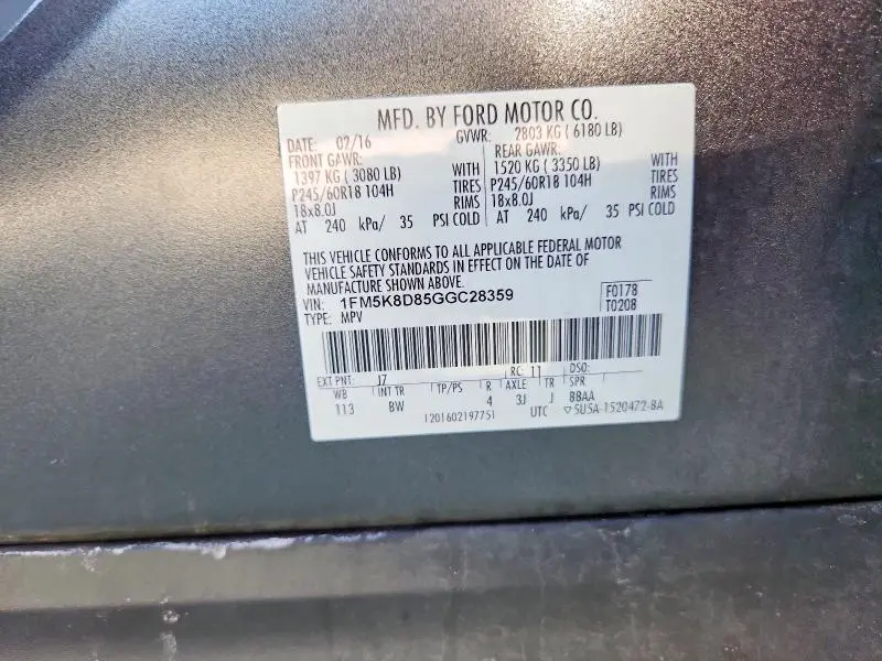 2016 FORD EXPLORER XLT  