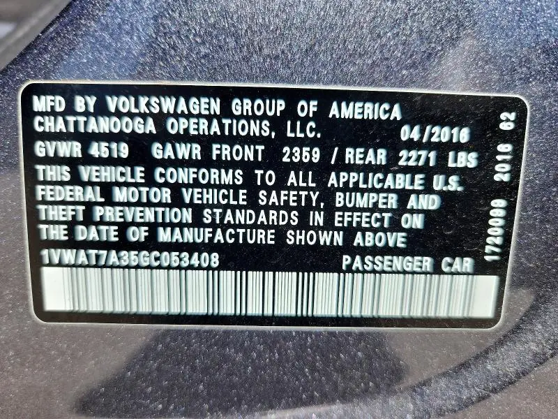 2016 VOLKSWAGEN PASSAT S  