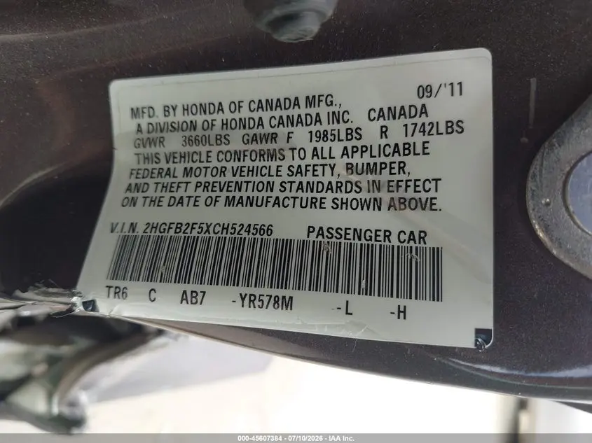2012 HONDA CIVIC LX