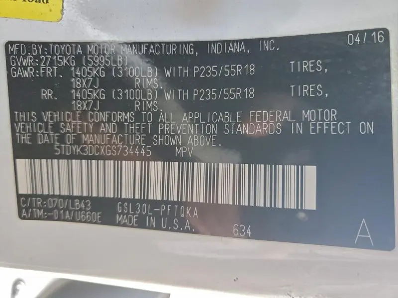 2016 TOYOTA SIENNA XLE  