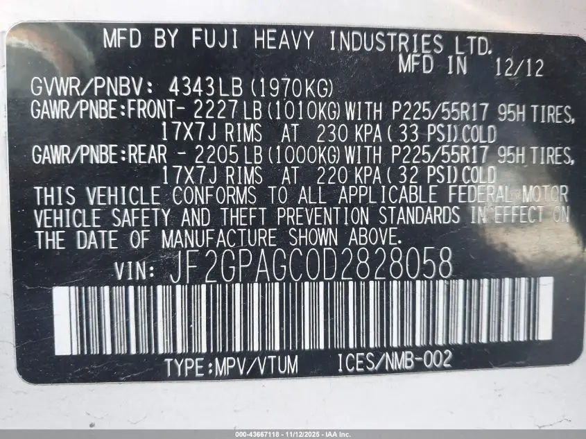2013 SUBARU XV CROSSTREK 2.0I LIMITED