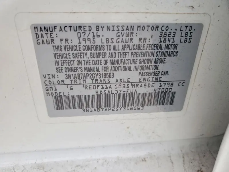 2016 NISSAN SENTRA S  