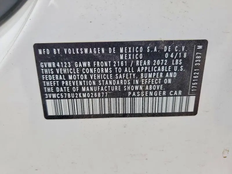 2019 VOLKSWAGEN JETTA S  