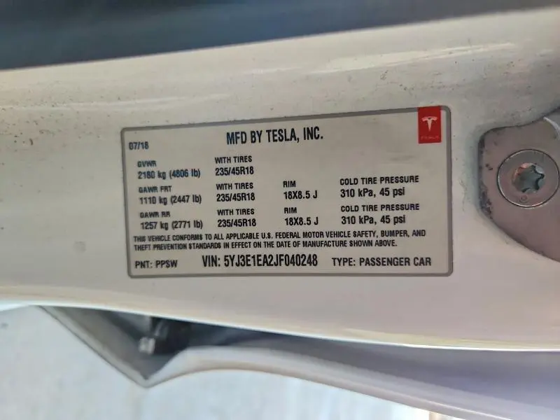 2018 TESLA MODEL 3   