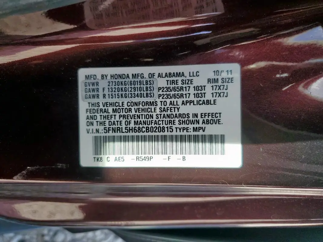 2012 HONDA ODYSSEY EXL  