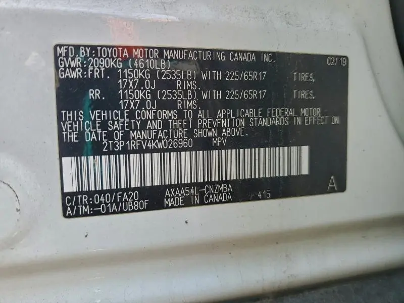 2019 TOYOTA RAV4 XLE  