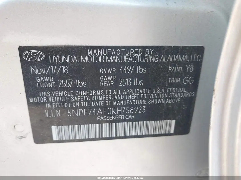 2019 HYUNDAI SONATA SE