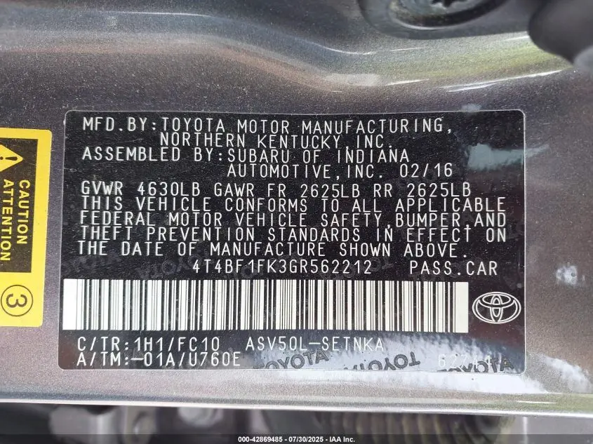 2016 TOYOTA CAMRY LE