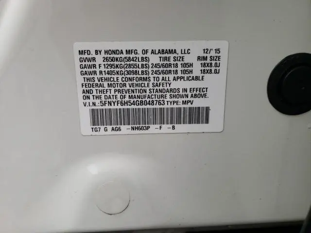 2016 HONDA PILOT EXL  